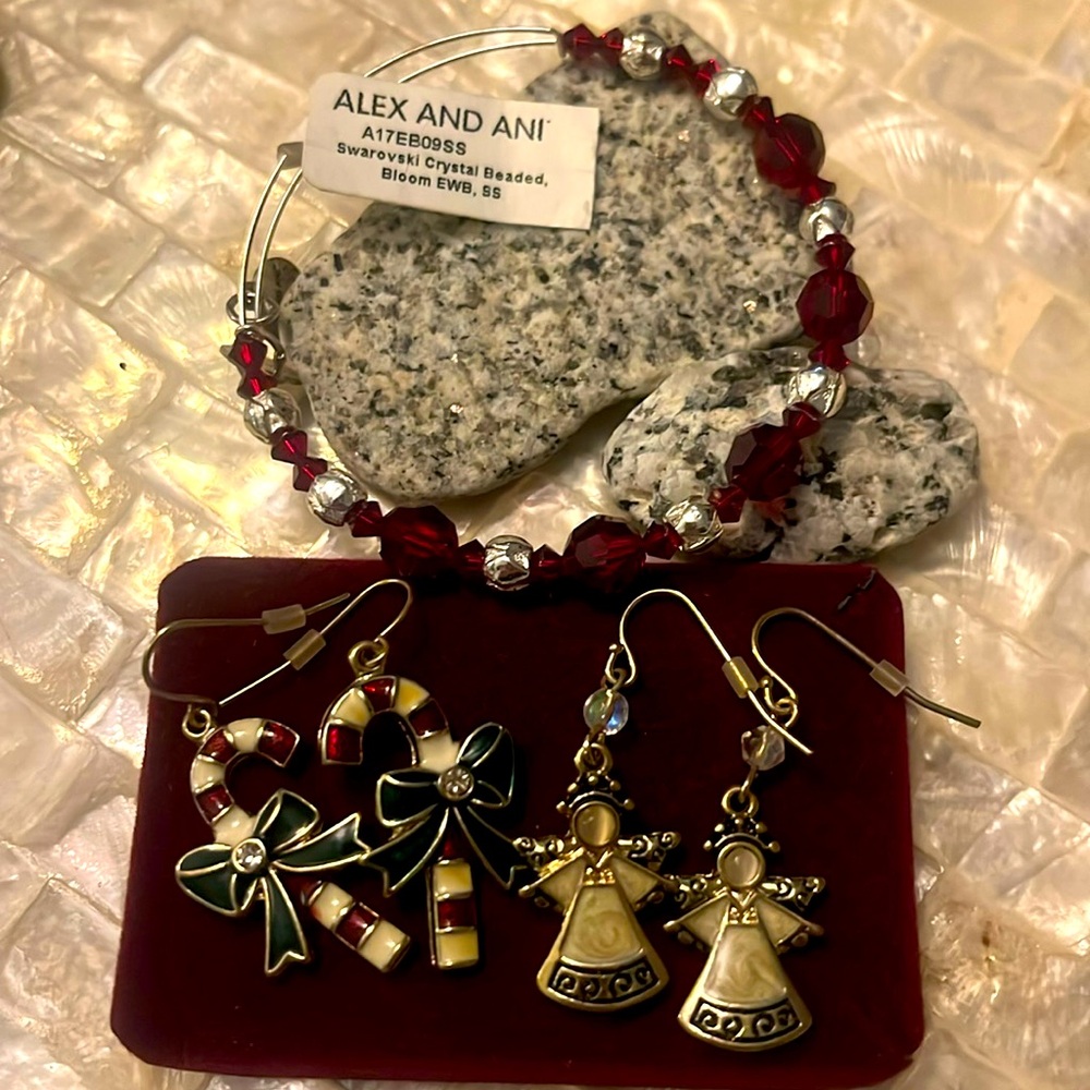 Alex and Ani Bracelet with 2 sets of Christmas earrings